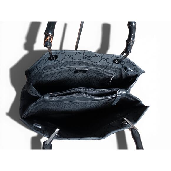 Authentic Gucci GG Canvas Bamboo Handle Satchel Black Monogram Black Luxury - Picture 11 of 16